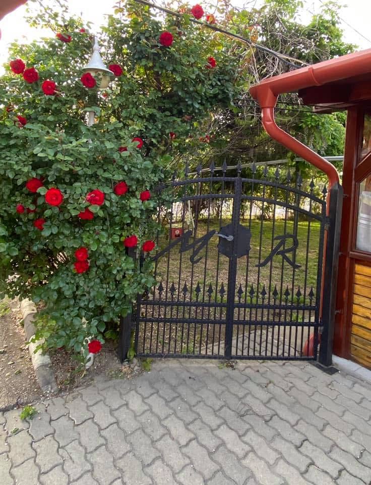 A Mátyás Ranch Étterem kovácsoltvas kapuja rózsákkal